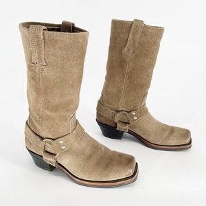 Frye Taupe Suede Leather Harness 12R Tall Square Toe Biker Boot Women's size 8.5